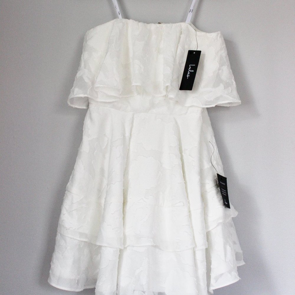 LULU's True Lover White Burnout Floral Ruffled Strapless Mini Dress